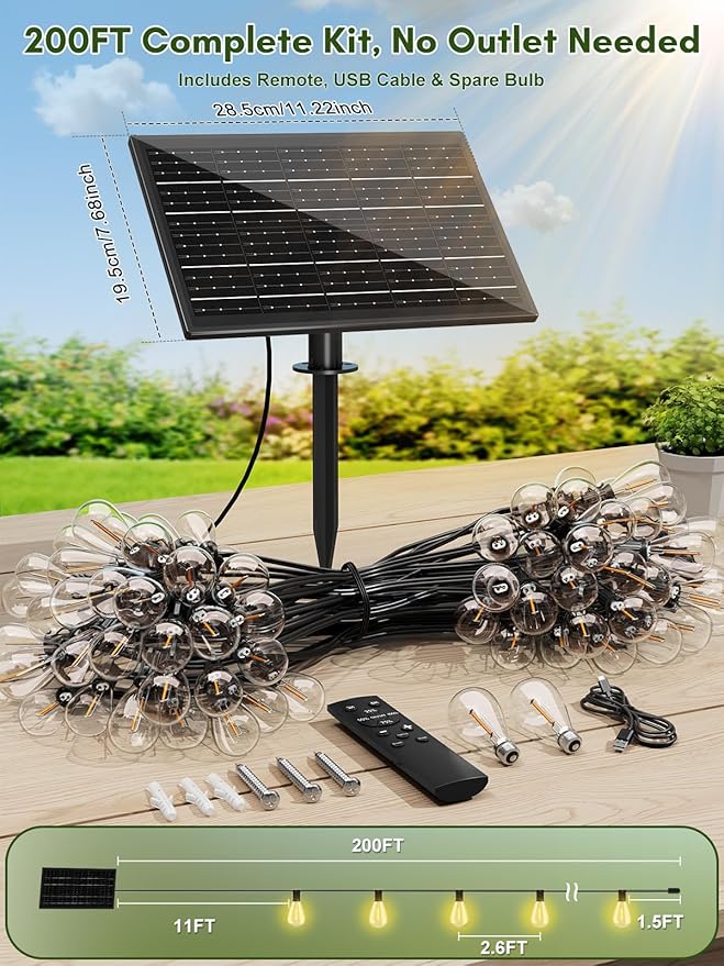 100FT Solar String Lights Outdoor Waterproof, 35+1 LED Solar Powered Lights with Remote Control, 3 Light Modes & Dimmable, USB-C Charging for Patio, Backyard, Garden, Camping