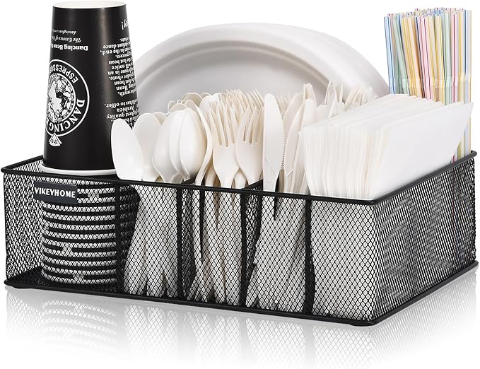 VIKEYHOME Paper Plate Organizer for Countertop, Metal Silverware Caddy with 6 Compartments for Cup, Napkin, Utensil Holder Caddy for Party, Camping, Picnic