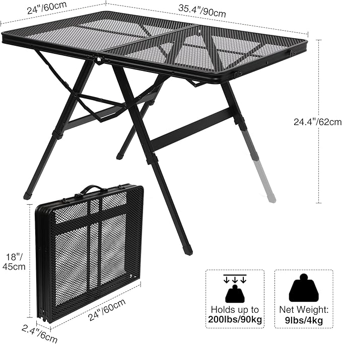 REDCAMP Folding Grill Table for Outside, Portable Metal Aluminum Outdoor Grill Table with Adjustable Height Pull-Out Square Tube Legs, Great for Camping Picnic Cooking BBQ, 36" L x 24" W