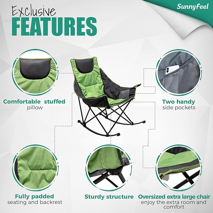 SUNNYFEEL Oversized Rocking Camping Chair 2 Pack, Fully Padded Patio Chair with Side Pocket, High Back Portable Lawn Recliner with Carry Bag, Outdoor Rocker Camp Chairs for Adults Heavy Duty 500 LBS