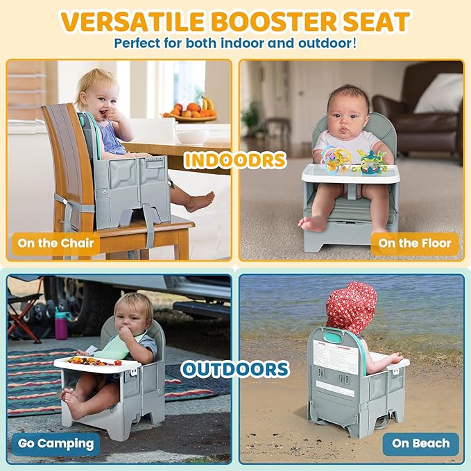 Orzbow Foldable Booster Seat with Soft Cushion, Travel High Chair for Toddlers 6-36 Months, Baby Chair for Dining Table, Camping, Beach, Portable Highchair, Up to 33 lbs Toddler, Grey