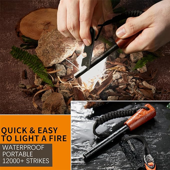 Fire Starter Survival Tool - Handmade Wooden Handle 3/8"" Thick Ferro Rod with Striker and Umbrella Rope Waterproof Iron Rod Flint and Steel Fire Starter Kit
