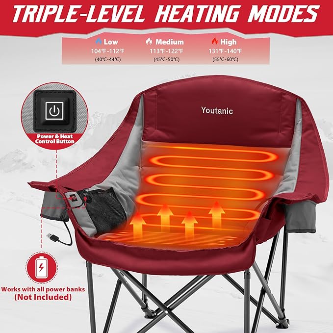Youtanic Heated Camping Chair, 3 Heat Levels Oversized Padded Lawn Chair with Side Pockets and Cup Holder, Outdoor Heating Folding Camp Chair for Adults, Fishing, Sports, Picnic, up to 500lbs, Style 3