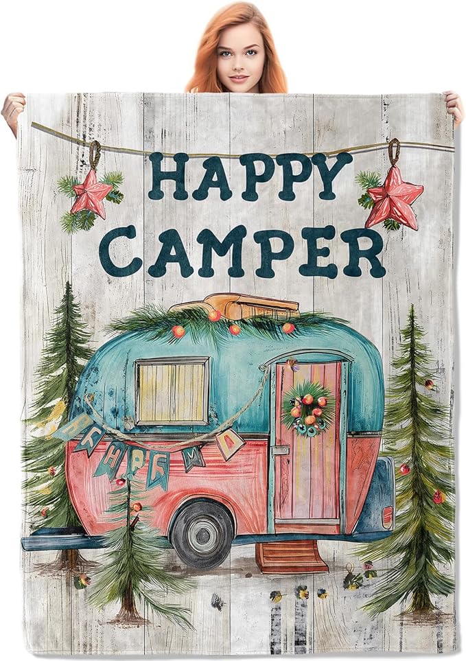 Camper Flannel Blanket, Camp Gifts, Camping-Themed Blanket for Women, Soft Lightweight Throw Blankets for Bed Home Travel Decor 60" x 80"