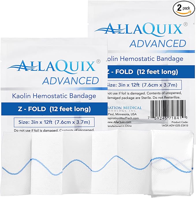 Advanced Kaolin Hemostatic Gauze – Z-Fold Sterile Clotting Bandage (3" x 12 ft, 2-Pack) | Stops Bleeding Fast for Trauma, Tactical First Aid, Emergency Kits, Survival, and IFAKs