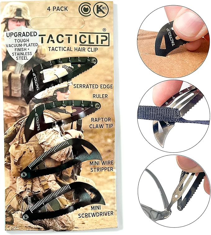 Tactical Hair Clips, 4 Pack - Black - Multitool Snap Barrettes - Laser Engraved, Vacuum Plated, Multi-Functional Keychain Multi Tool - Box Cutter, Serrated Edge, Raptor Claw