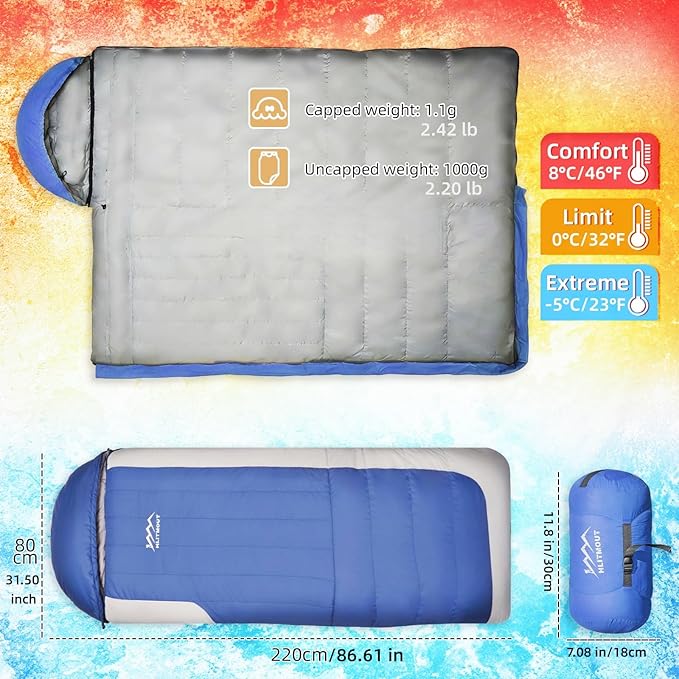 3-in-1 Down Sleeping Bag for Adults with Detachable Hood, 32°F 45°F Rectangular Lightweight Down Blanket Sleeping Bag for Camping Hiking and Backpacking Outdoor and Indoor 4 Season