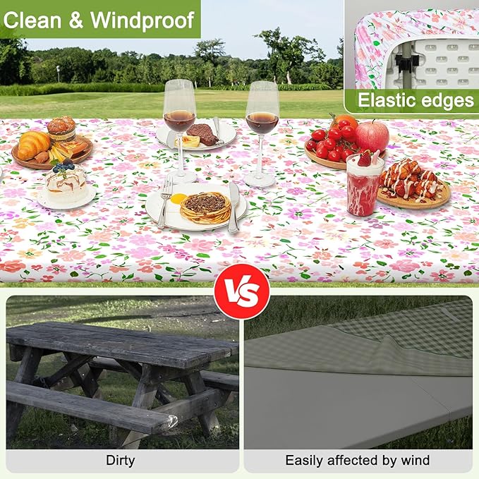 Picnic Table Cover with Bench Covers Portable Table Cloth Built-in Storage Pocket Fitted Tablecloth with Elastic Edges Waterproof Camping Essentials for Indoor Outdoor Rv,72in,Pink