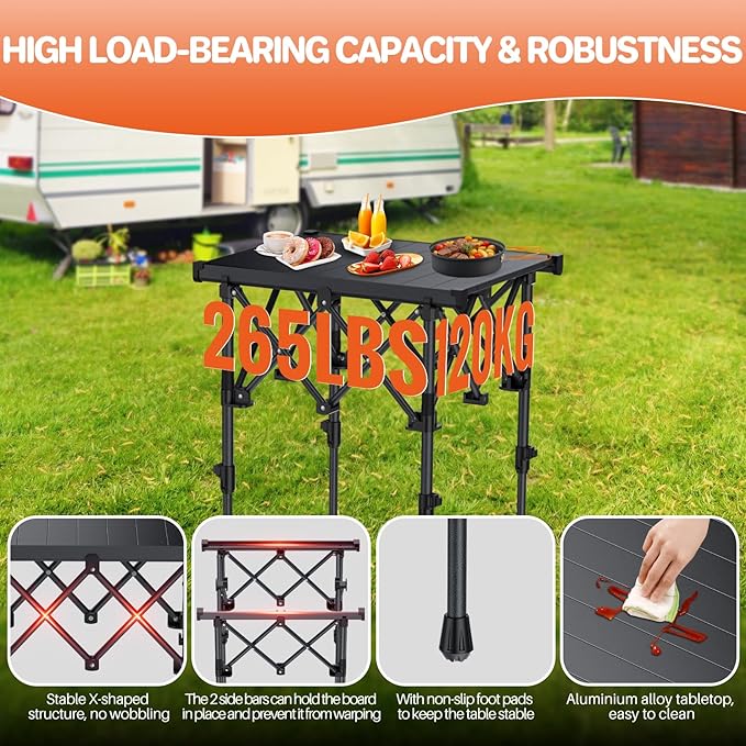 FUNYKICH Folding Camping Table(L19.9''xW16.1''), Aluminum Roll-up Portable Picnic Table with 2 Adjustable Height(17.3'' & 27.6'') for Picnic, Camping, BBQ, Party, Backyard, Beach