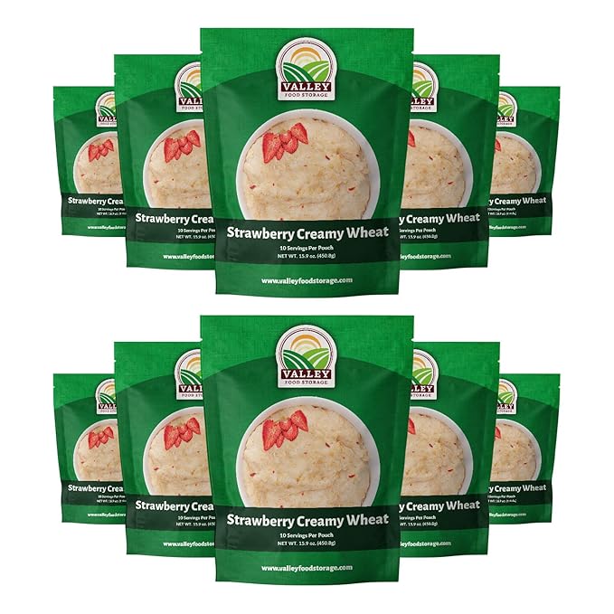 Valley Food Storage Freeze Dried Strawberry Creamy Wheat | 10-Bag Bucket, 100 Servings | Premium Emergency Food Supply, 25 Year Shelf Life | Survival Breakfast Food for Prepper Storage & Camping