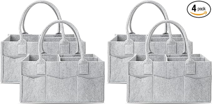 Cute Castle 4 Pack Diaper Caddy Organizer - Portable Baby Caddy Organizer with Handle, Nursery Storage Bin and Car Organizer for Girls, Boys - Baby Gift Basket - Grey