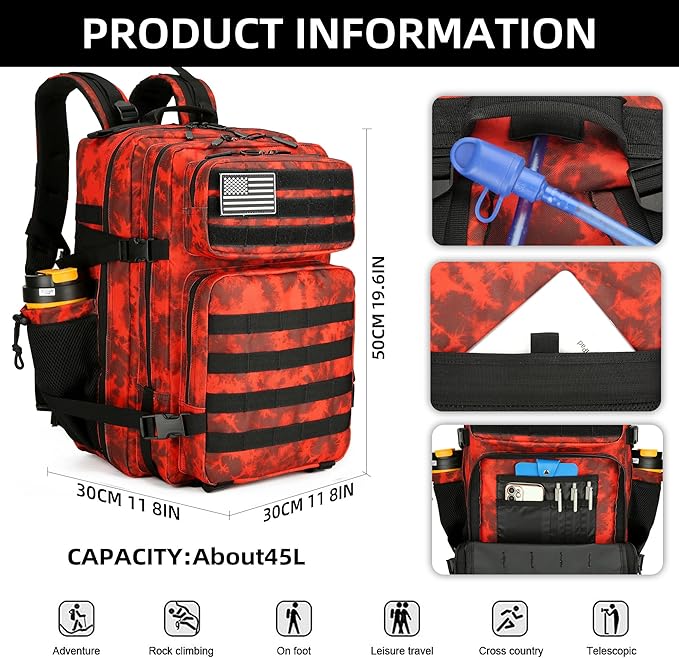 Lovelinks21 45L Tactical Assault Backpack 3 day assault pack with Molle Waterproof backpack Rucksack for Tactical Backpacks (Red water pattern)
