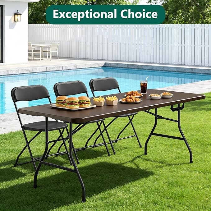 Folding Table 72" x 30" - Heavy Duty Plastic Table with Handle, Foldable&Portable, Fold-in-Half Utility Tables for Outdoor, Dining, Wedding, Events, Indoor, Picnic, Camping, Party, Brown