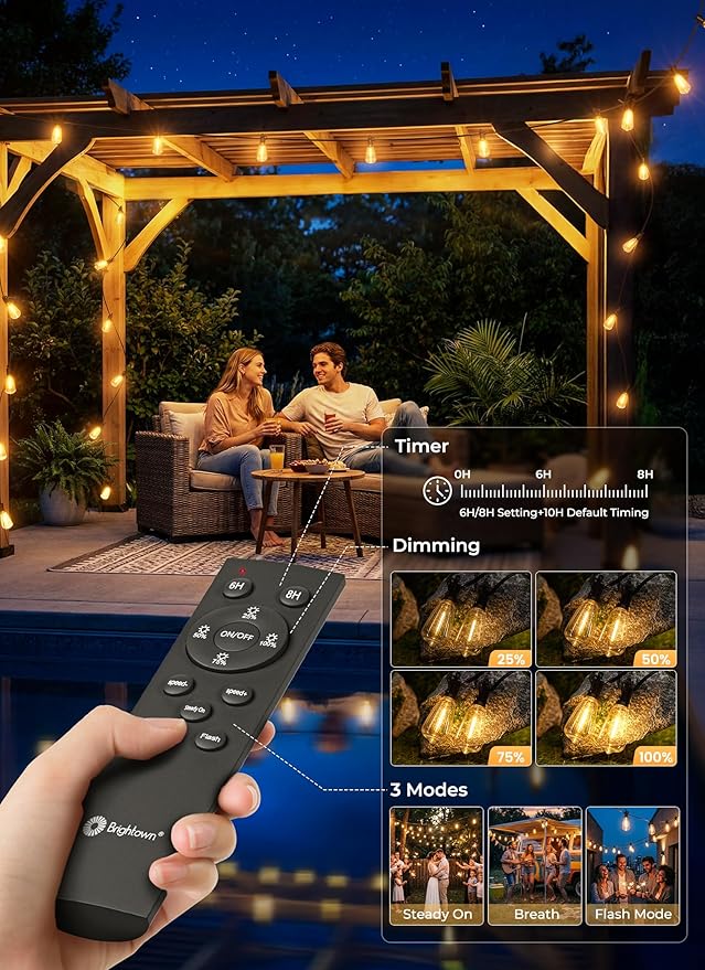 Brightown 58FT Solar String Lights Outdoor Waterproof with Remote, 25+1 LED Shatterproof Bulbs, Dimmable & Timable, 3 Light Modes - Commercial Grade Patio Lights for Garden Backyard Party Decor