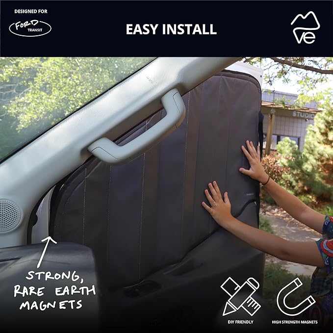 VanEssential Insulated Reflective Blackout Window Covers Designed for Ford Transit High/Medium Roof Front Door Windows (Pair) - Charcoal Gray Reflective