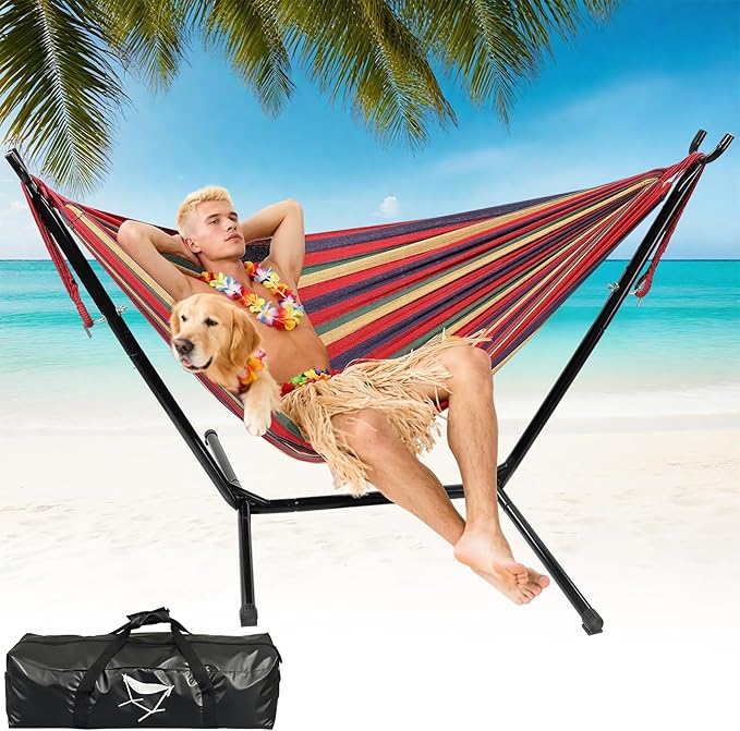 Hammock with Stand for Outside Indoor Heavy Duty Metal Hammock Holds 600lbs Portable Camping Hammock with Carrying Bag for Patio Beach Backyard
