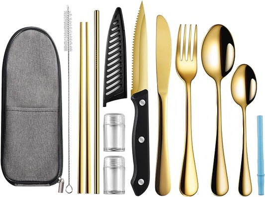Logcow Travel Utensils with Case,Reusable Utensils,Portable Travel Camping Cutlery Set,Stainless Steel Flatware Set,Lunch Boxes Workplace Camping School Picnic (Gold)