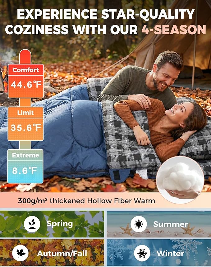 KingCamp Double Sleeping Bag for Adults, Queen Size 2 Person XXL Flannel Sleeping Bag, Waterproof Lightweight Flannel Quilt with 2 Pillows, Perfect for Couples Family Camping Hiking