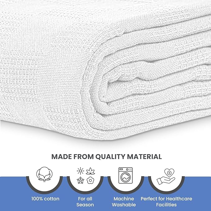 Linteum Textile Supply White - Snag Free Hospital Thermal Blanket 66x90 Inch 100% Cotton, Soft and Cozy, Breathable, All Season Twin Hospital Blanket (1-Pack)