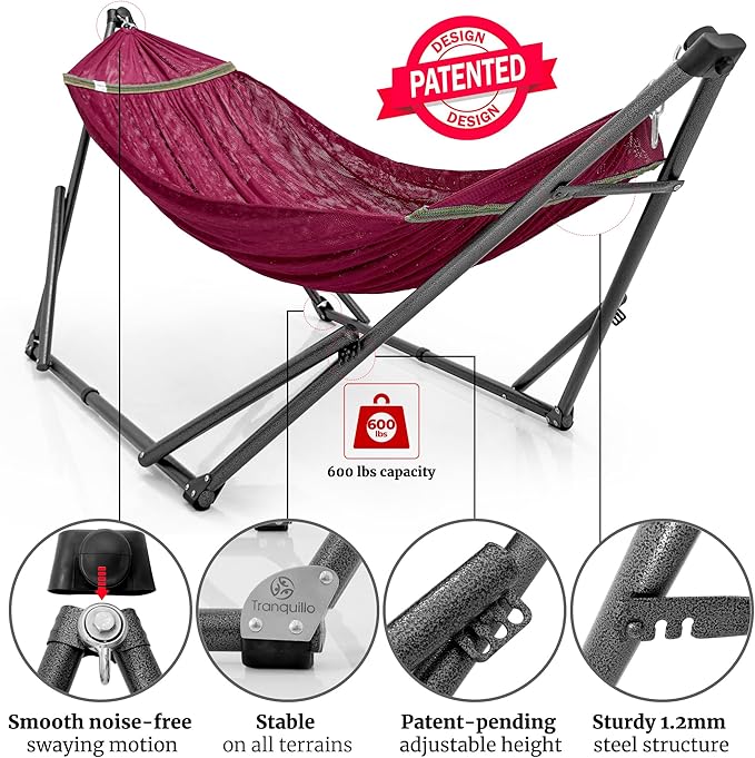 Tranquillo Combo x2 Hammocks with Stand for Outside & Tree Straps, Heavy Duty Hammock with Stand 600lbs for Indoor Outdoor Patio Backyard, x2 Hammocks for 2 Person (Combo - Red, Medium)