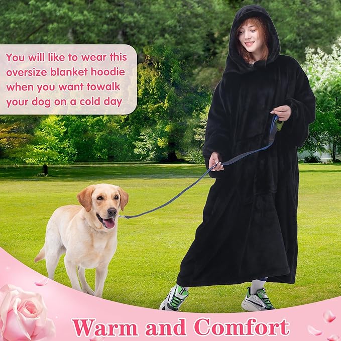 Waitu Wearable Blanket Sweatshirt Gifts for Women and Men, Warm and Cozy Giant Blanket Hoodie, Thick Flannel Blanket with Sleeves and Giant Pocket - Black