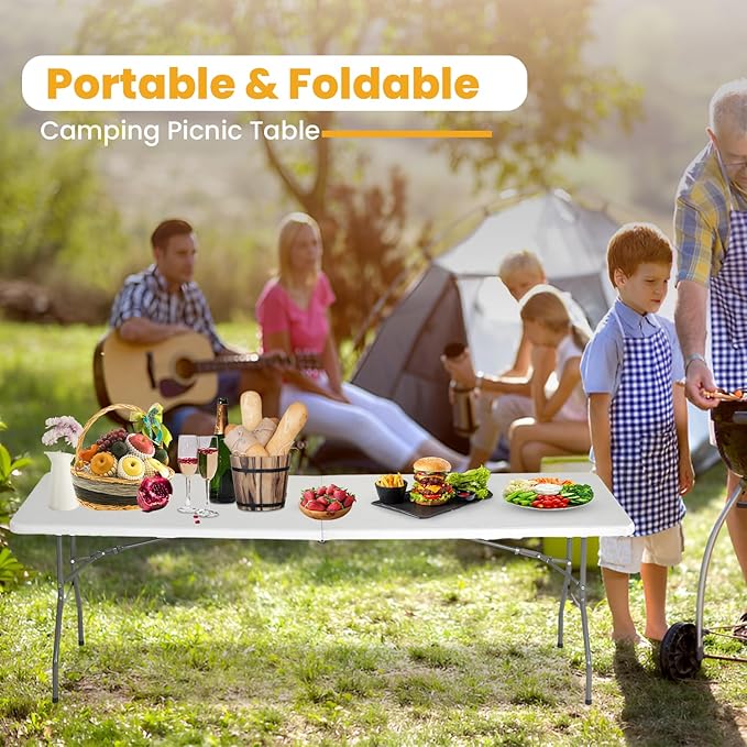 FDW 6FT Folding Table, Portable Fold-in-Half Plastic Picnic Party Table with Carrying Handle (White