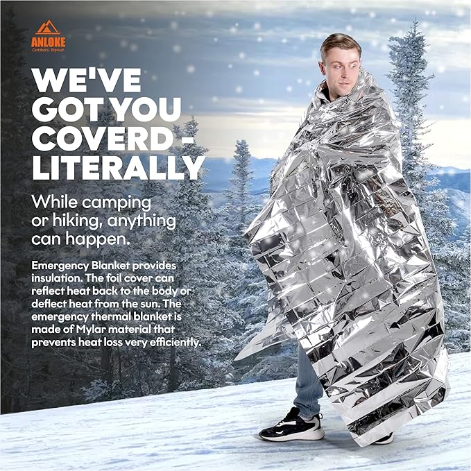 ANLOKE Emergency Blankets Mylar Thermal Blanket-(5 Pack) of Gigantic Space Blanket 82 * 64 in. Survival Blankets Heavy Duty Camping Gear,First Aid…
