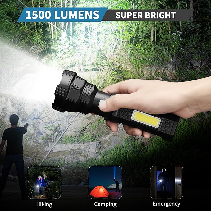VOETIR Led Solar Flashlight, 1500 Lumens Led Solar Handheld Rechargeable Flashlights with IP65 Waterproof, 2000mAh Battery for Survival Emergencies Camping (4 Pack)