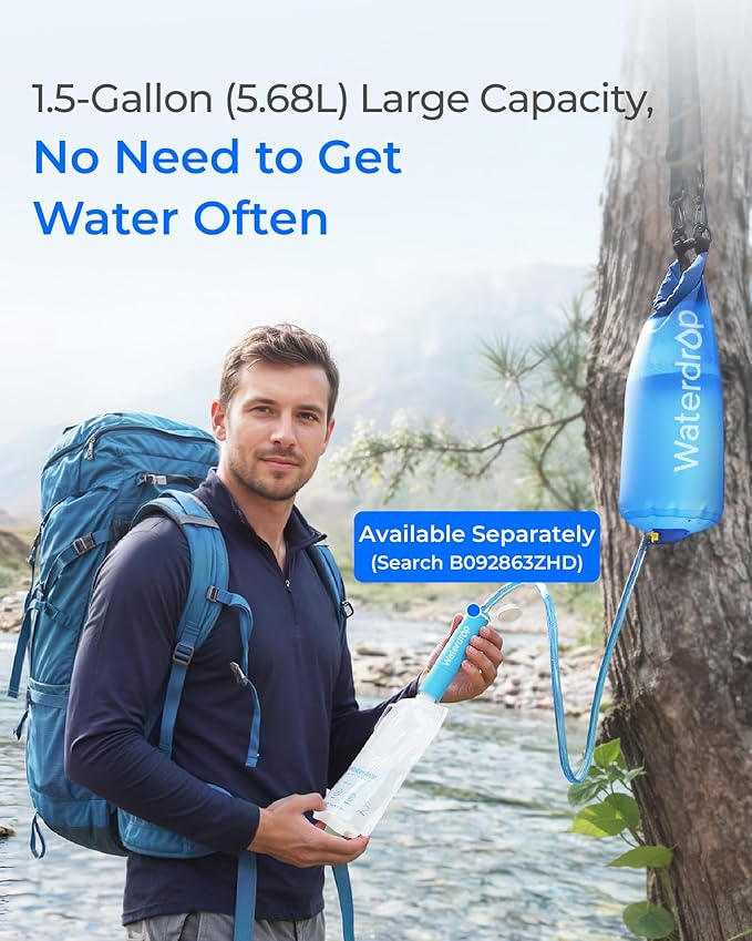Waterdrop Gravity Water Bag for Camping, Travel, Backpacking, Hiking and Emergency, Compatible with Water Filter Straw, Flex Foldable, 1.5 Gal Bag