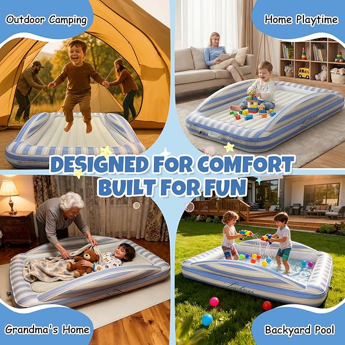 Luxchoice Inflatable Toddler Travel Bed with Cordless Rechargeable Pump, Comfy Removable Flocked Kids Air Mattress & Safety Rails, 63'' Portable Blow up Bed for Outdoors Camping Sleepover Travel Home