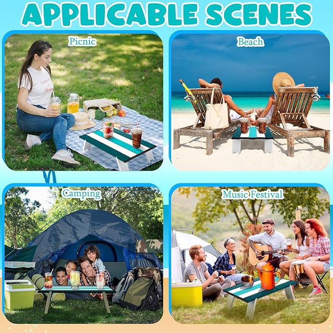 CroBlissful Beach Table Folding Camping Portable Table Striped White Aluminum Side with Carry Bag for Camping Picnics and Outdoor Activities(16x11x5 in,Cyan Green)