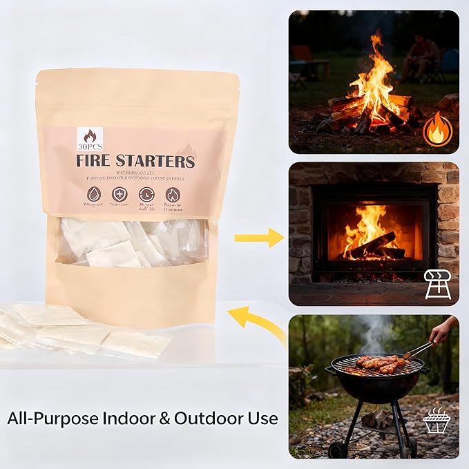 (30 Pcs/Bag) Waterproof Fire Starters for Campfires & Fireplace -Quick Light Charcoal Starter Squares, Odorless Fire Starter for Wood Stove, Grill, BBQ & Non-Toxic - Burns 10 Min