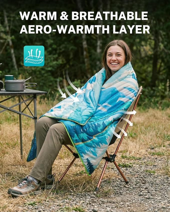 Gonex Camping Blanket with Aero-Warmth Breathable Layer - Puffy Printed Packable Blanket, Ultralight Wearable Water-Resistant Quilt, 79" X 55" for Camping, Beach, Hiking, Travel, Picnics (Iceberg)