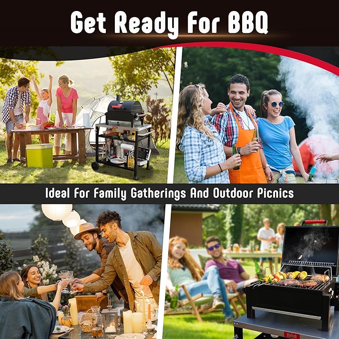Feasto Portable Charcoal BBQ Grills with Cast Iron Grates, Tabletop Charcoal Grills with 354 Sq. In Cooking Area, for Outdoor Camping and Picnic, Black, L26.8’’x W20’’x H21.3’’