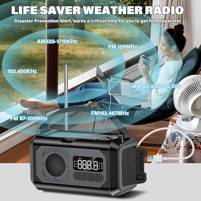 12000mAh Emergency Weather Radio, Hand Crank Solar Radio Portable AM/FM/NOAA Radio with 2 Solar Panels 3 Charging Methods SOS Alarm 3 Mode Flashlight Phone Charger Compass Reading Lamp