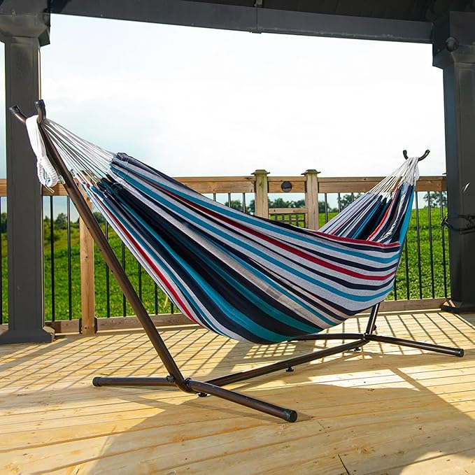 Vivere Double Cotton Hammock with Space Saving Steel Stand, Upgraded Polyester End Strings 450 lb Capacity - Premium Carry Bag Included (Denim)