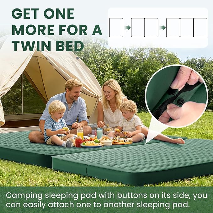 Self Inflating Double Sleeping Pad for Camping with Electric Pump 4 Inch Ultra Thick Memory Foam 2 Person Inflatable Sleeping Pad All Season Full Size Portable Camping Mattress for Travel,Tent (Green)