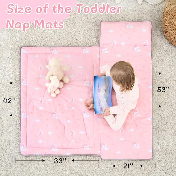 UOMNY Toddler Nap Mat - 1 Pack Girls Sleeping Bag with Removable Pillow - Unicorn 53x21Inch Kids Preschool Nap Sack with Pillow Pink Girls Napper Nap Mats for Daycare Napping Bag for Girls