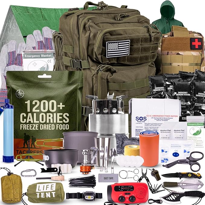 TacPreps 72-Hour Survival Kit | Emergency Bug Out Bag with First Aid, Water Filter, Food, Tools | 45L Tactical Backpack for Camping, Hiking, Outdoor Emergency Preparedness