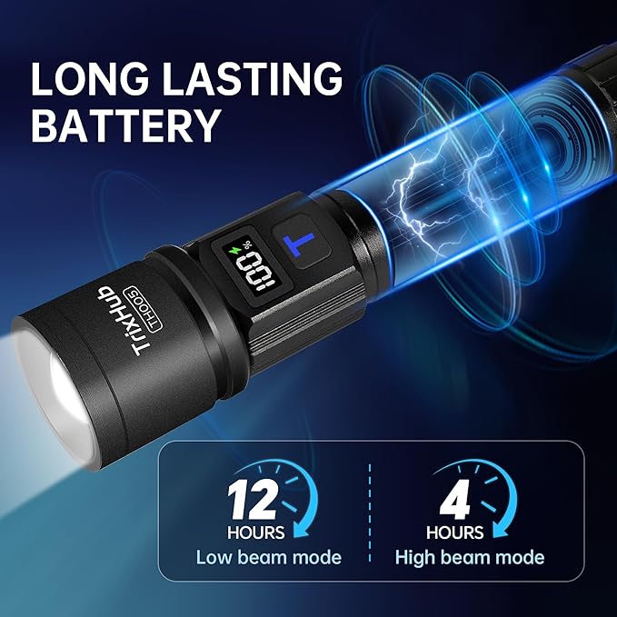 TrixHub Rechargeable Flashlights High Lumens, 5Mode Flash Light with LCD Digital Display, Super Bright Flashlight Adjustable Tactical Flashlight, High Powered LED Handheld Flashlight for Home