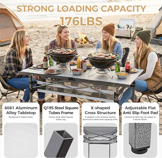KingCamp Folding Camping Table, Aluminum Roll-Up Camp Table, Large Foldable Table for 4-6 Person, Outdoor Portable Tables with Carry Bag, 180 LBS Heavy Duty Load (Silver+Mesh：53.5" × 27.5")