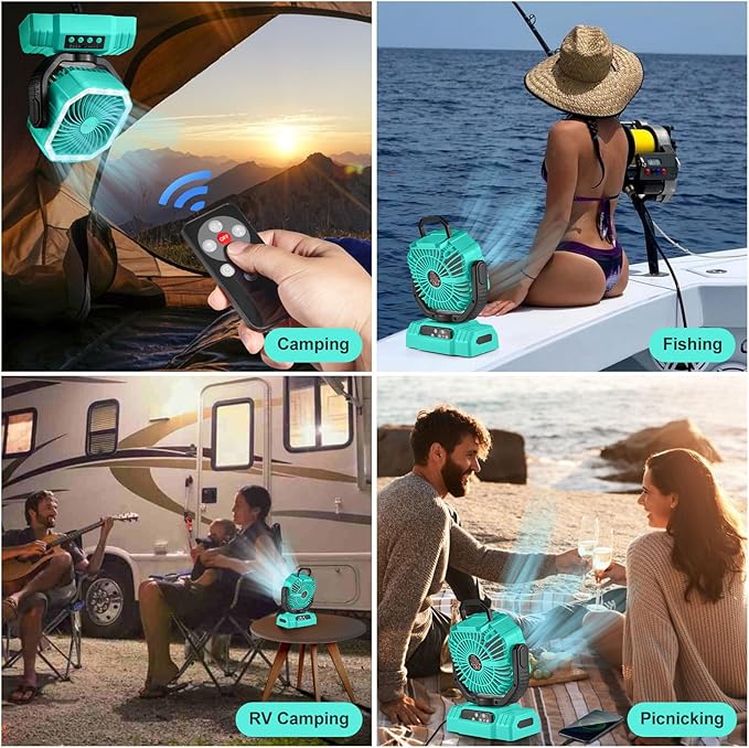 Odoland Portable Camping Fan with LED Lantern, 20000mAh Rechargeable Battery Powered Fan with Auto Oscillation, Timer, Remote, 360° Rotation Hook, 4 Speeds for Power Outage Travel Home,Cayan