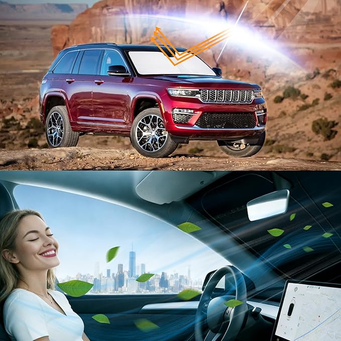 Windshield Sun Shade Custom Fit 2021-2026 Jeep Grand Cherokee L/Jeep Grand Cherokee SUV Accessories Front Window Sunshade Sun Visor Protector Blocks Rays