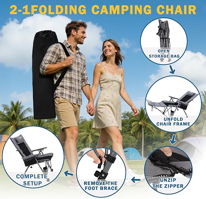 Folding Camping Chair for adults-3-in-1 Heavy Duty Foldable Camp Chair with Detachable Footstool, Padded Pillow, Cup Holder & Carry Bag,5-Speed Adjustable,400 LBS Capacity