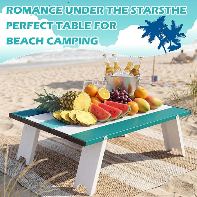 CroBlissful Beach Table Folding Camping Portable Table Striped White Aluminum Side with Carry Bag for Camping Picnics and Outdoor Activities(16x11x5 in,Mint Green)