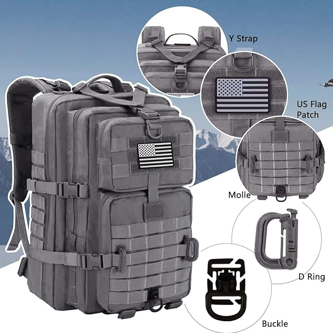 Hannibal Tactical MOLLE Assault Backpack, Tactical Backpack Military Army Camping Rucksack, 3-Day Pack Trip w/USA Flag Patch, D-Rings, Grey