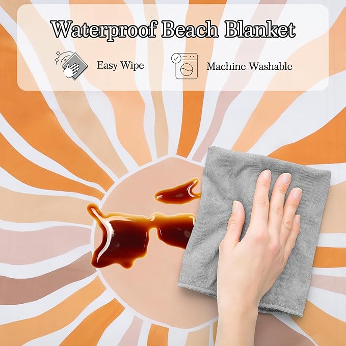 Beach Blanket Waterproof Sandproof, 10'X 9' Extra Large Oversized Beach Mat for 2-8 Adult, Quick Drying Lightweight Portable Polyester Picnic Blanket for Outdoor, Travel, Camping, Hiking-Boho Sun