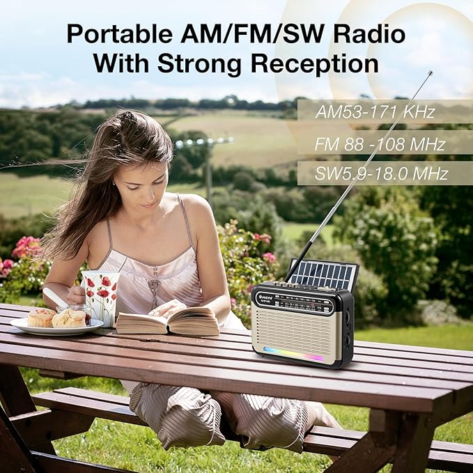 G Keni Portable Solar Radio AM FM SW with Rechargeable Battery Operated, Shortwave Bluetooth Radio Strong Reception, USB/TF Card Input, Solar Panel, Big Speaker with Ambient Light (Golden&Black)