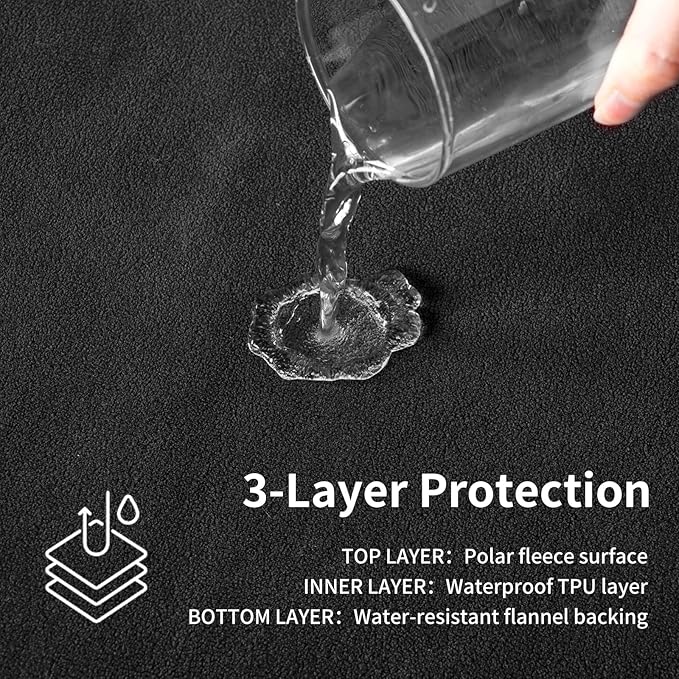 QiyI Waterproof Blanket for Bed Queen Size, Reversible Washable Pet-Friendly Flannel Throw Blanket, Leakproof Stain-Resistant Furniture Protector for Travel & Camping, 60"x80", Black/Light Grey