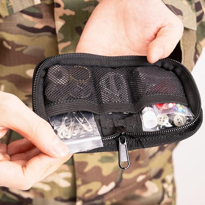 Military Sewing Kit, Marine Corps Deluxe Survival Sew Kit for Men or Women, Mini Repair Sewing Tools with Zipper in Durable Nylon Case, Portable for on The Field Use, Army Button Sewing Kit (Black)